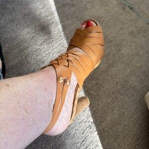 Coach tan size 9M strappy cork sandals 4 inch wood heel.